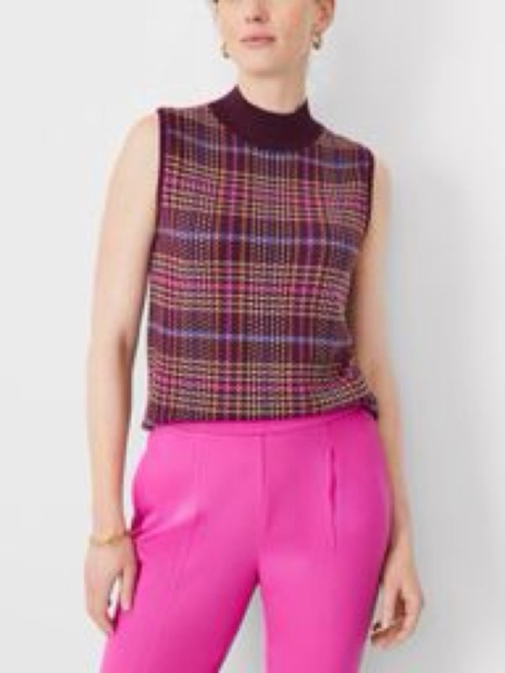 Ann Taylor Sleeveless Plaid Mock Neck Shell - Burgundy, Pink, Blue